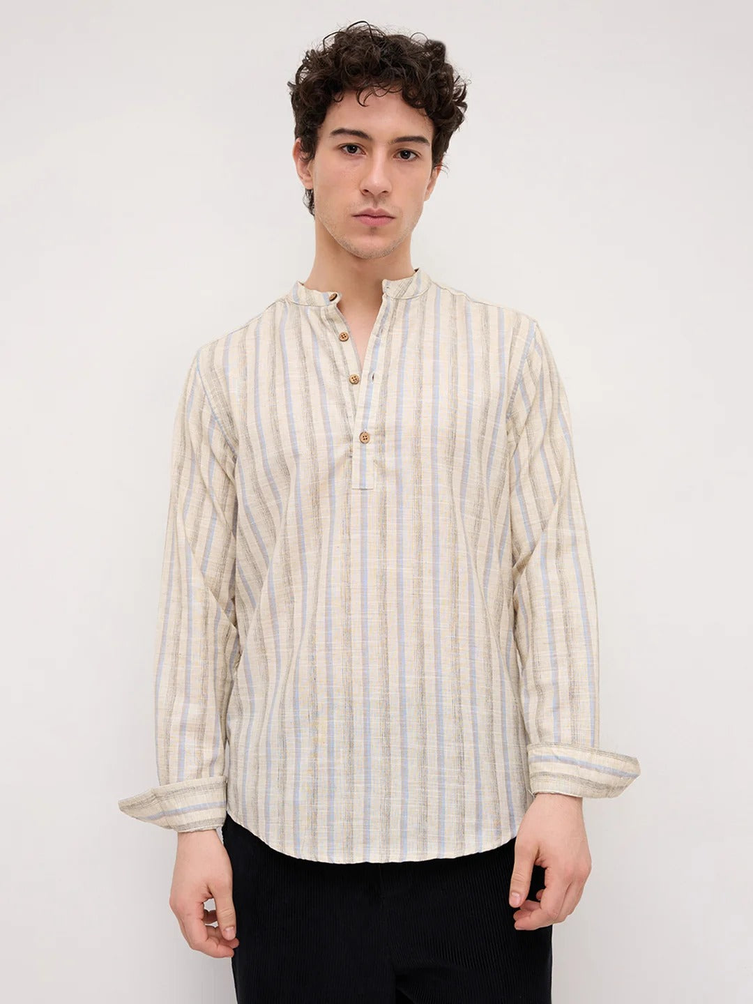 Stone Handloom Henley Style Striped Shirt - Beige