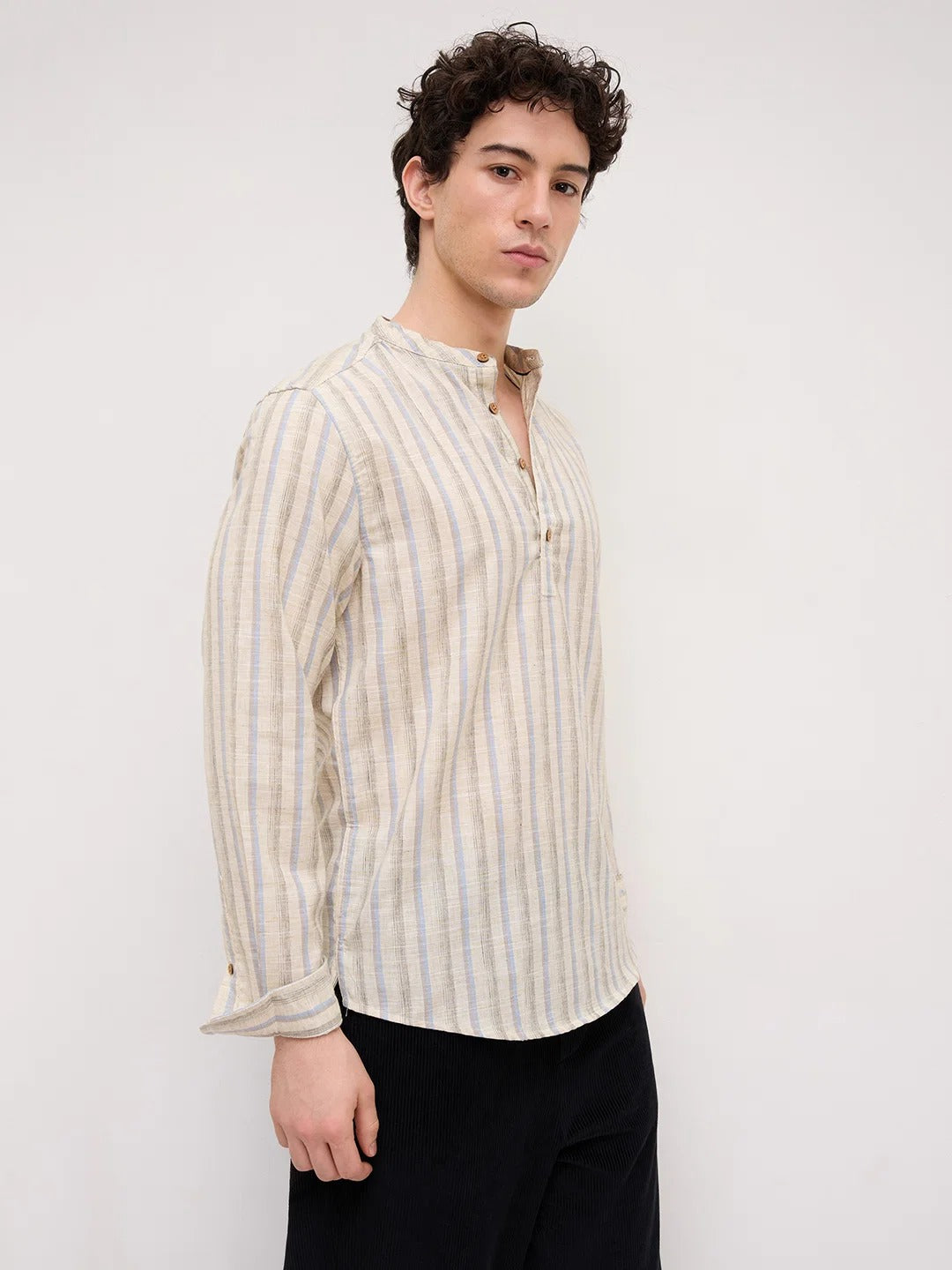 Stone Handloom Henley Style Striped Shirt - Beige