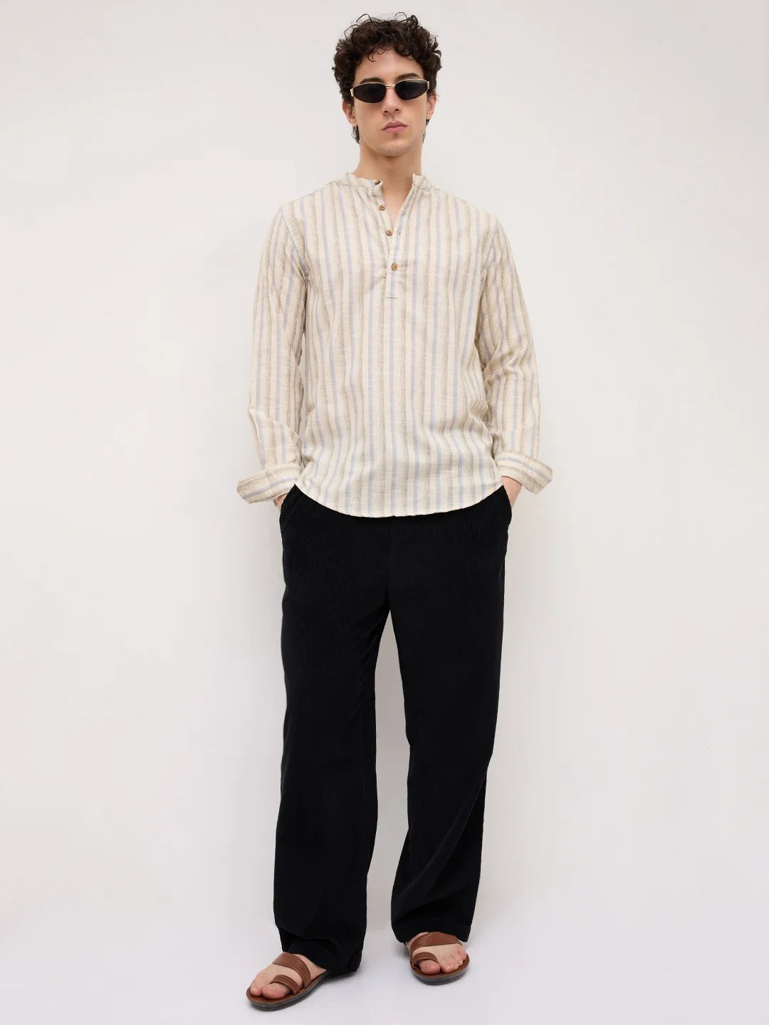 Stone Handloom Henley Style Striped Shirt - Beige