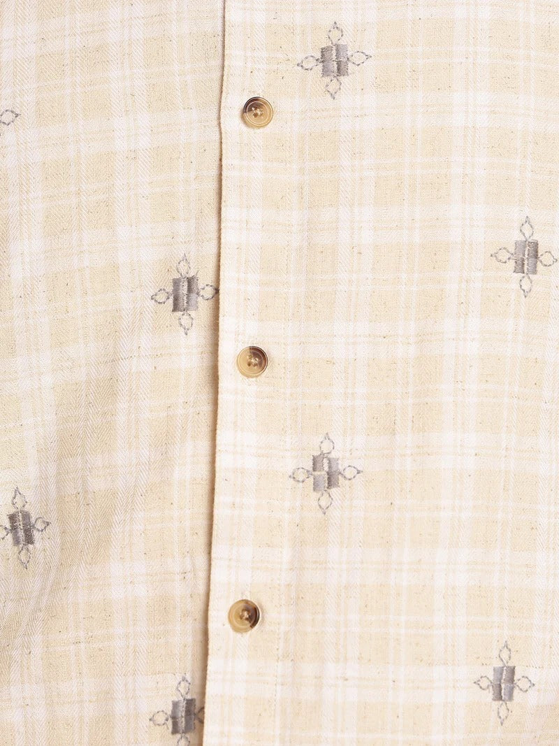 Tulum Tartan Check Embroidered Casual Men's Shirt - Beige